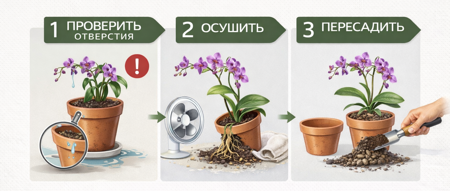 Инфографика: 3 шага спасения залитого цветка — проверить отверстия, осушить, пересадить