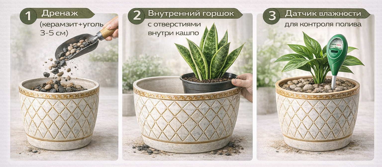 Кашпо без отверстий — как организовать внутренний дренаж