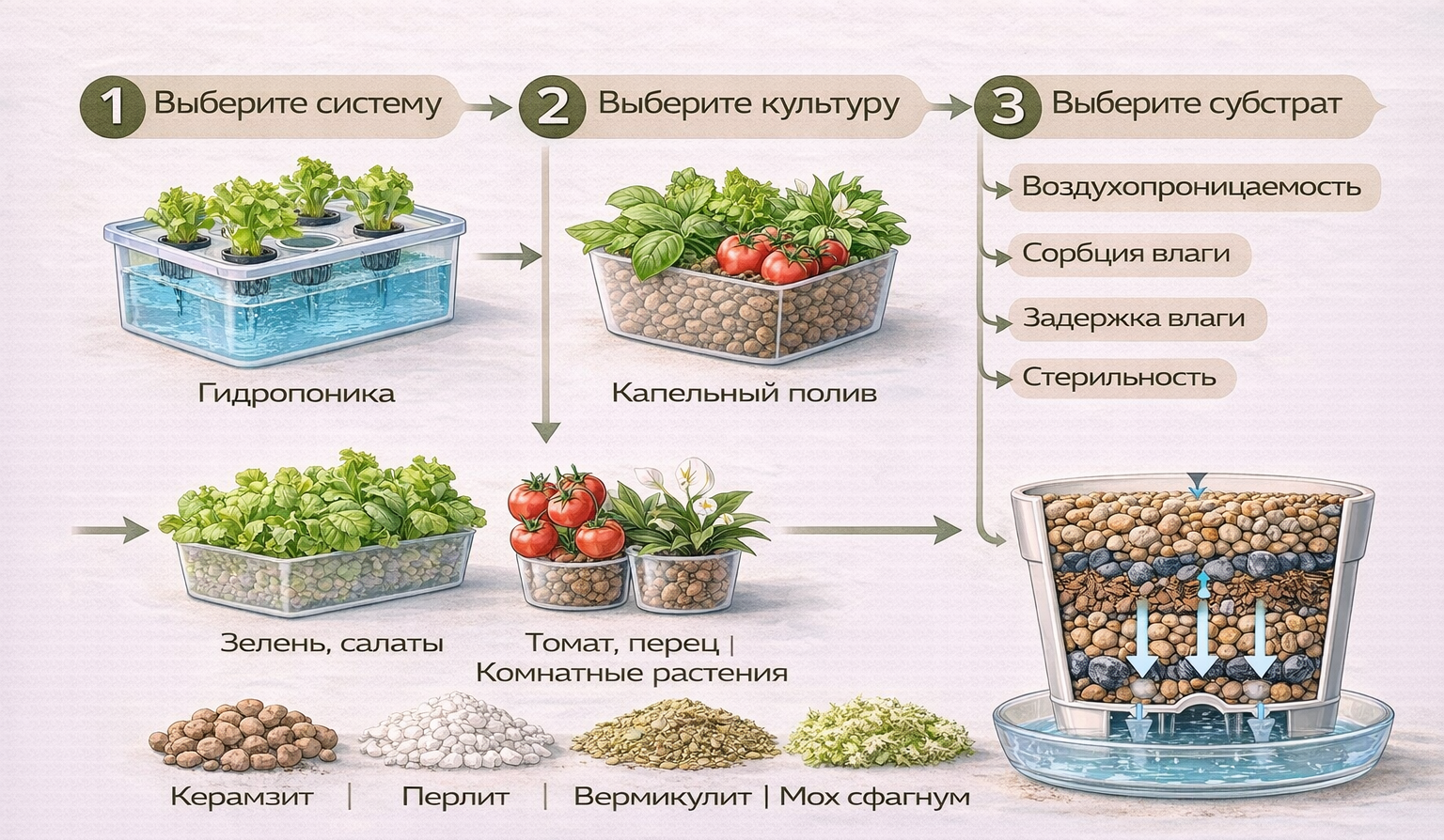 Схема выбора субстрата для гидропоники по системе, культуре и критериям