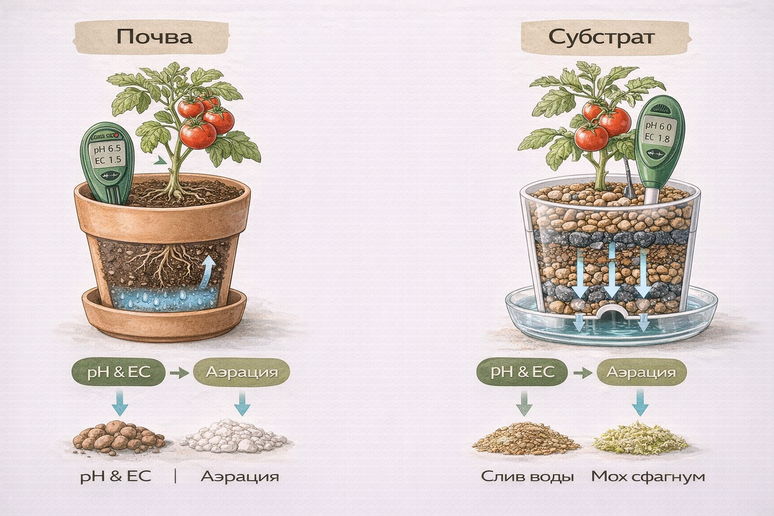 Схема различий между почвой и гидропонным субстратом