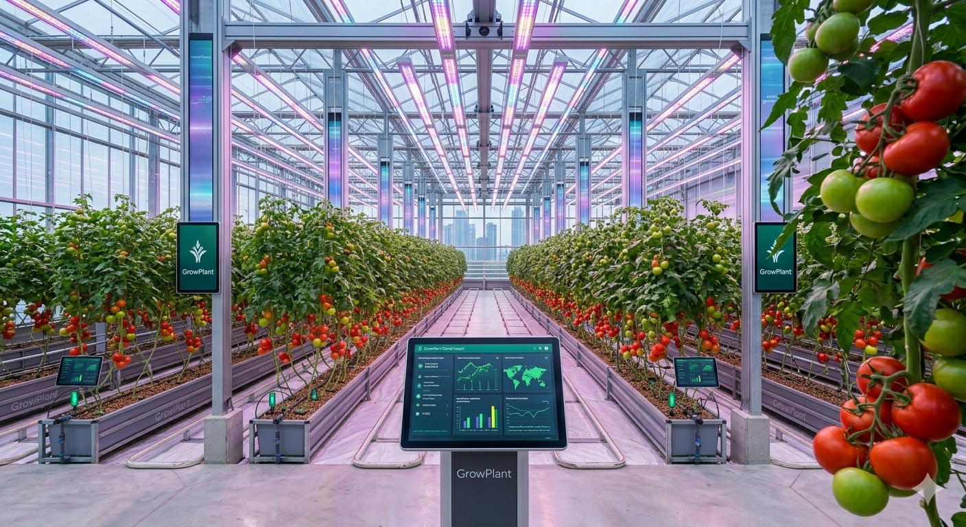 Ряды томатных кустов в промышленной теплице на субстрате GrowPlant